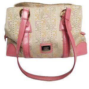 Liz Claiborne Jacquard Logo Handbag Purse Satchel Pink Beige Canvas Vintage